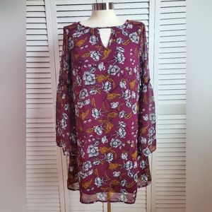 Xhilaration Juniors Burgundy Floral A-Line Boho Mini Dress Bell Sleeve Size S